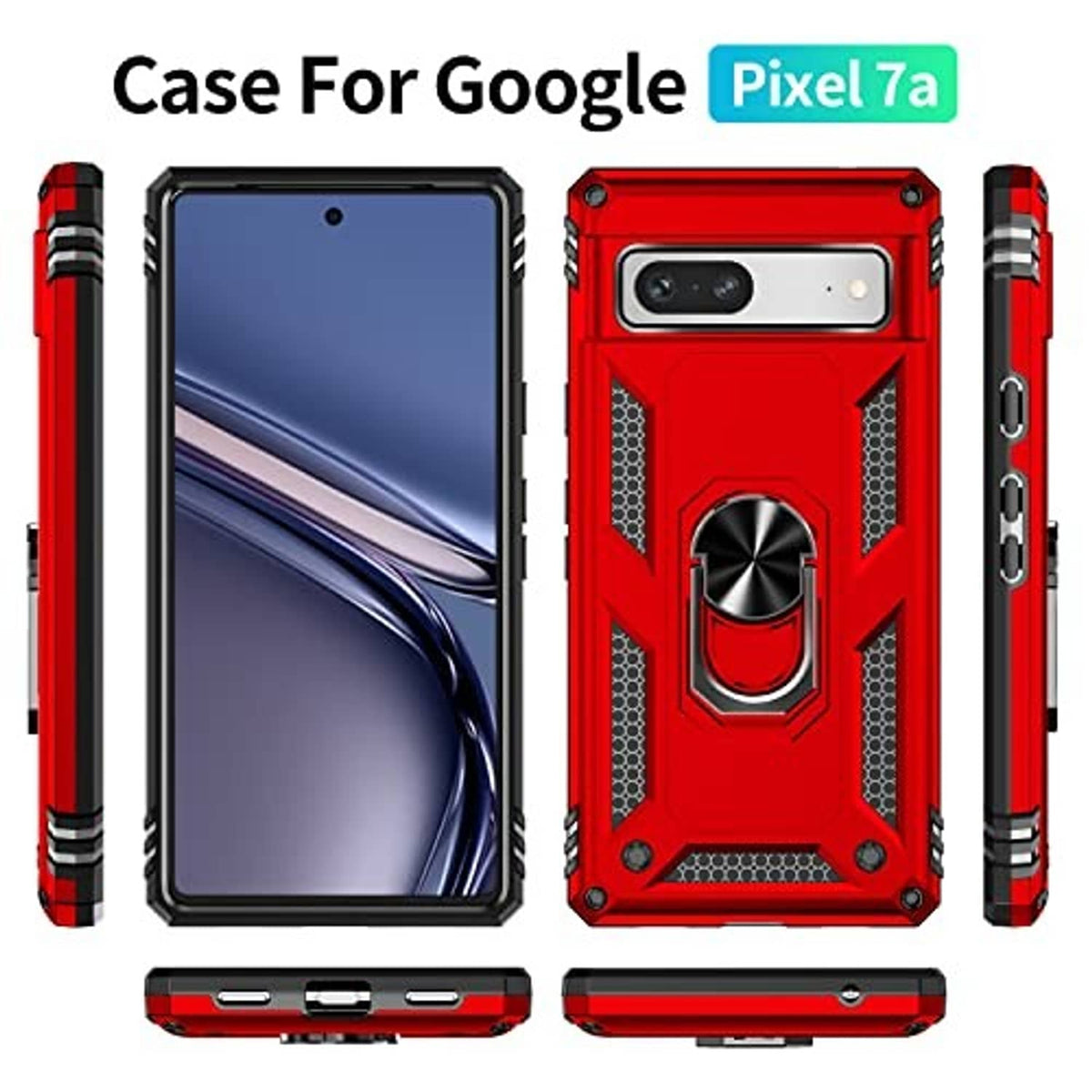 Red rugged phone case with kickstand ring; front and back cutouts shown