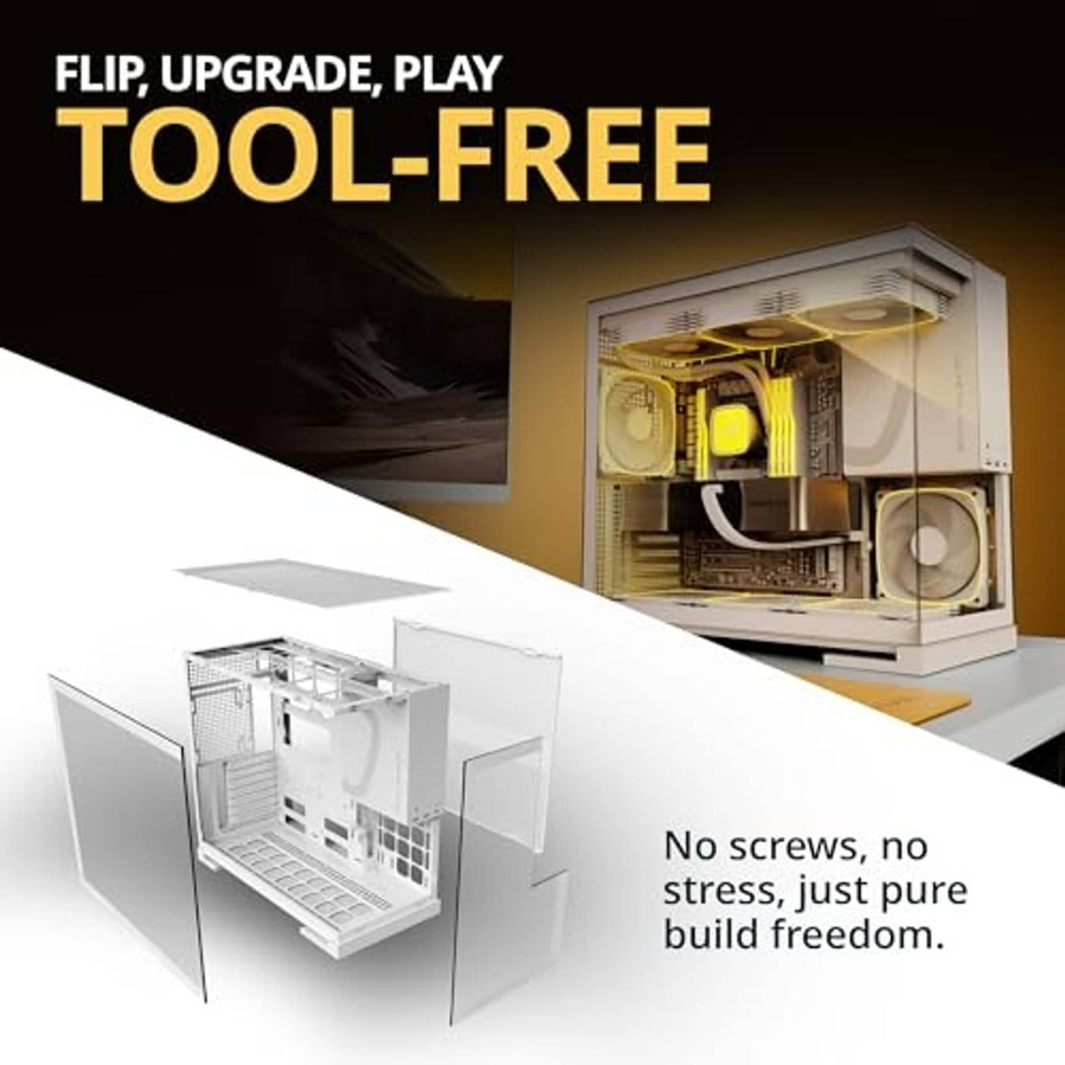 White PC case with tempered-glass side panel removed and internal fans visible