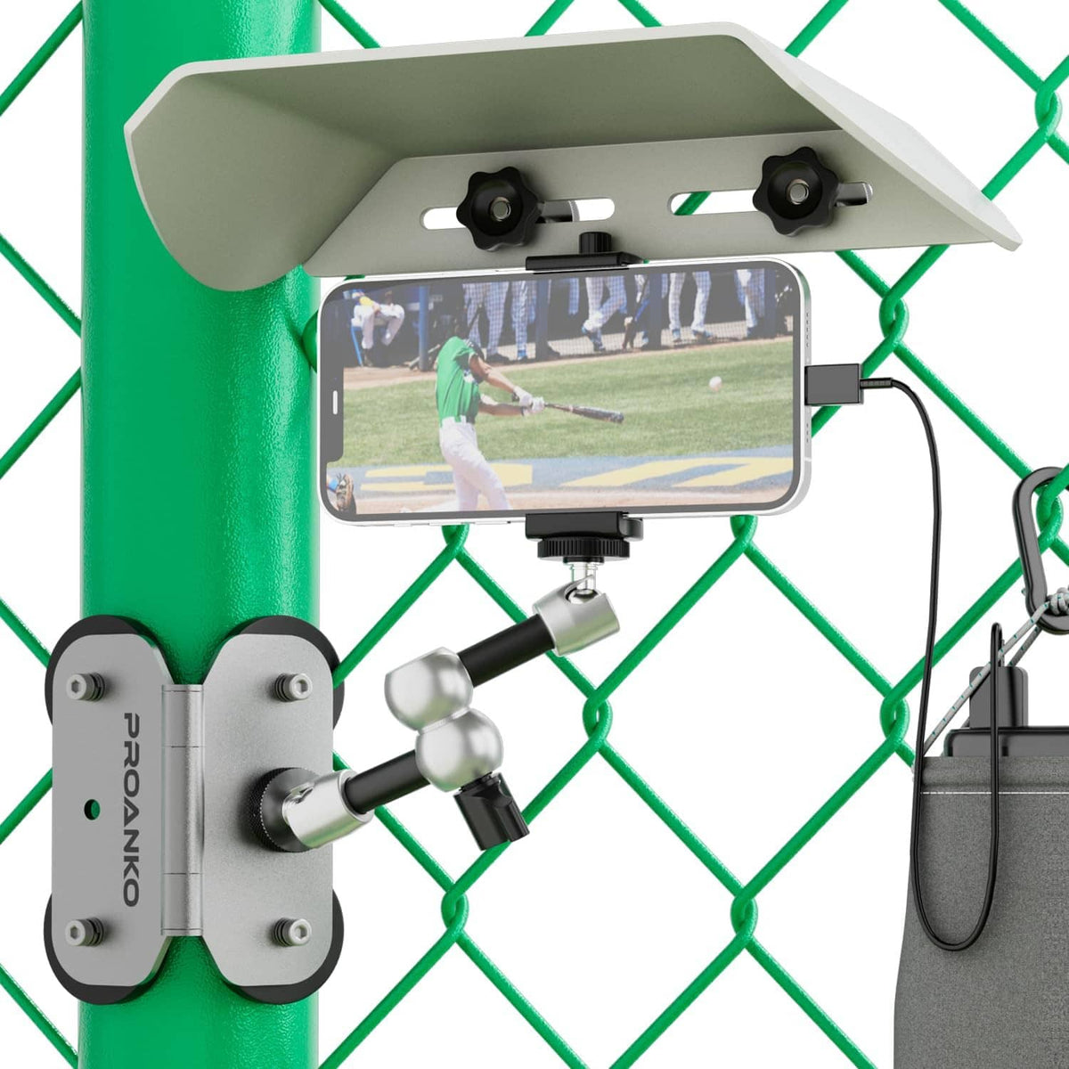 Magnetic phone fence mount with shade, smartphone on camera rig with stabilizer arms