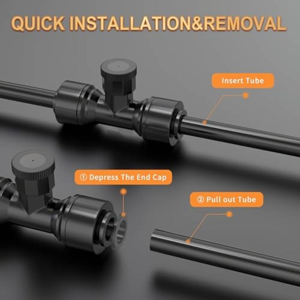 Misting system end cap and tube quick-connection parts on black tubing