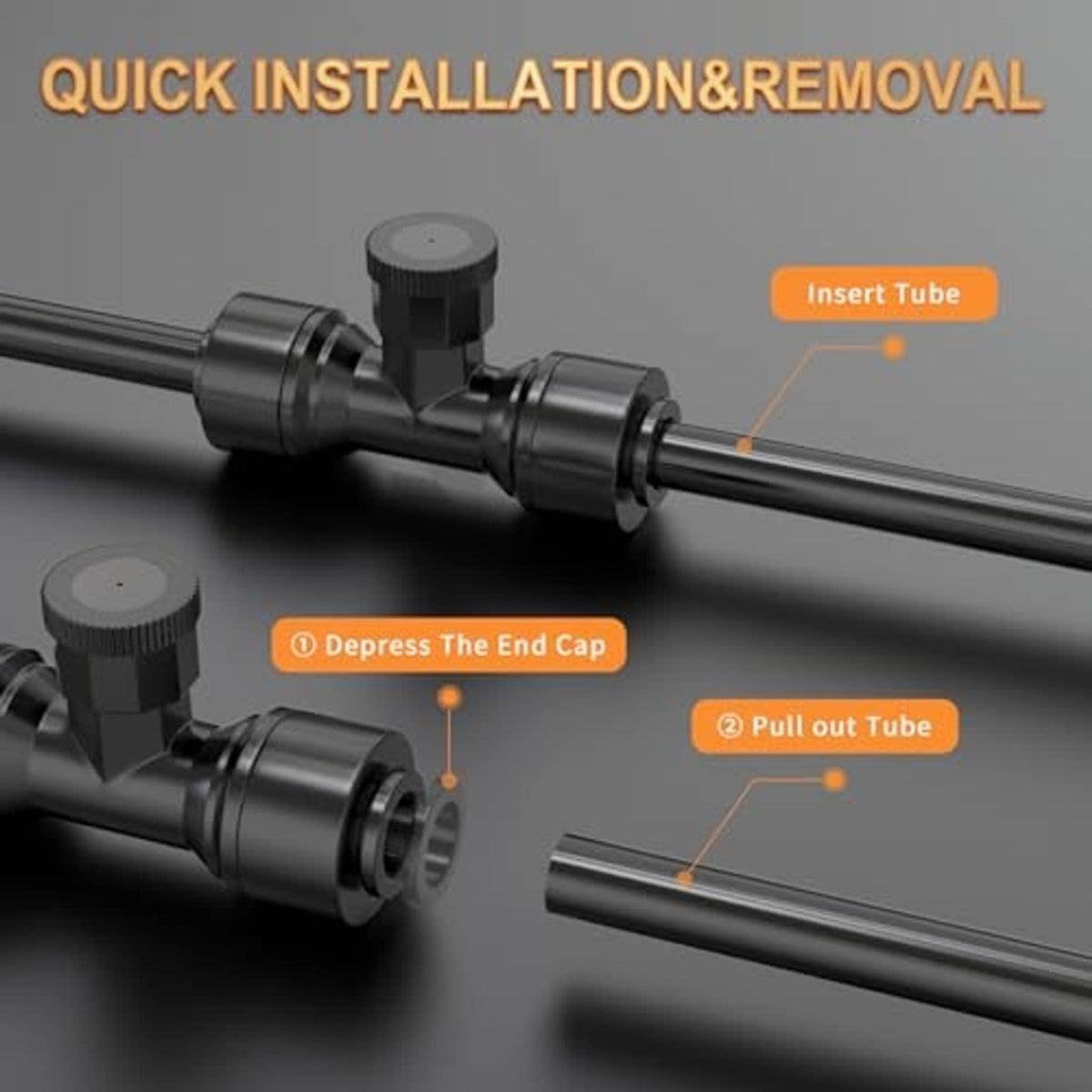 Misting system end cap and tube quick-connection parts on black tubing