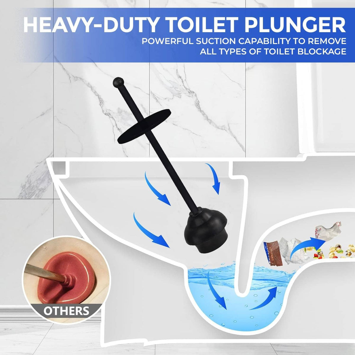 Matte black heavy-duty toilet plunger with splash guard and long handle