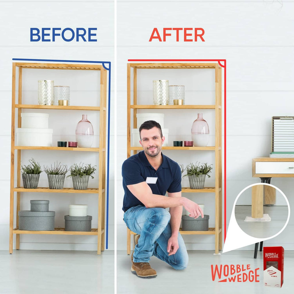 Clear plastic wedge shims leveling a bookshelf, with WOBBLE WEDGE pack
