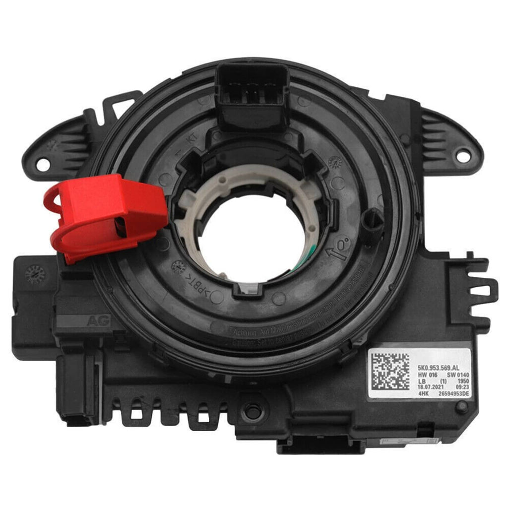 Clock spring assembly, black plastic with central ring opening and red release latch