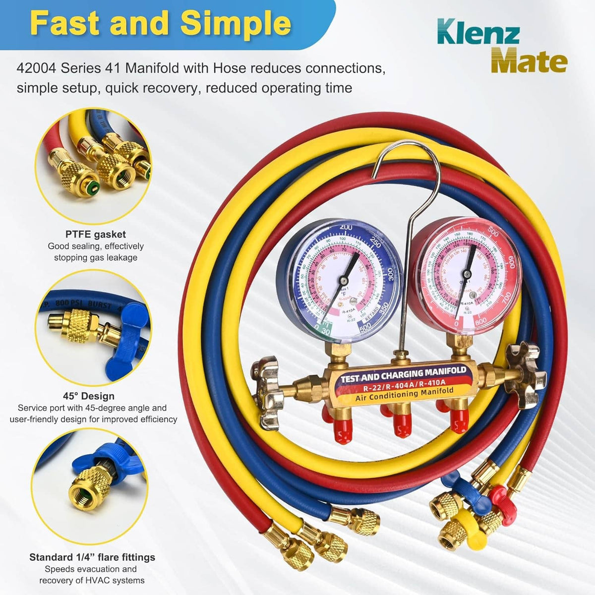 HVAC manifold set with two gauges and red/blue/yellow hoses, brass connectors