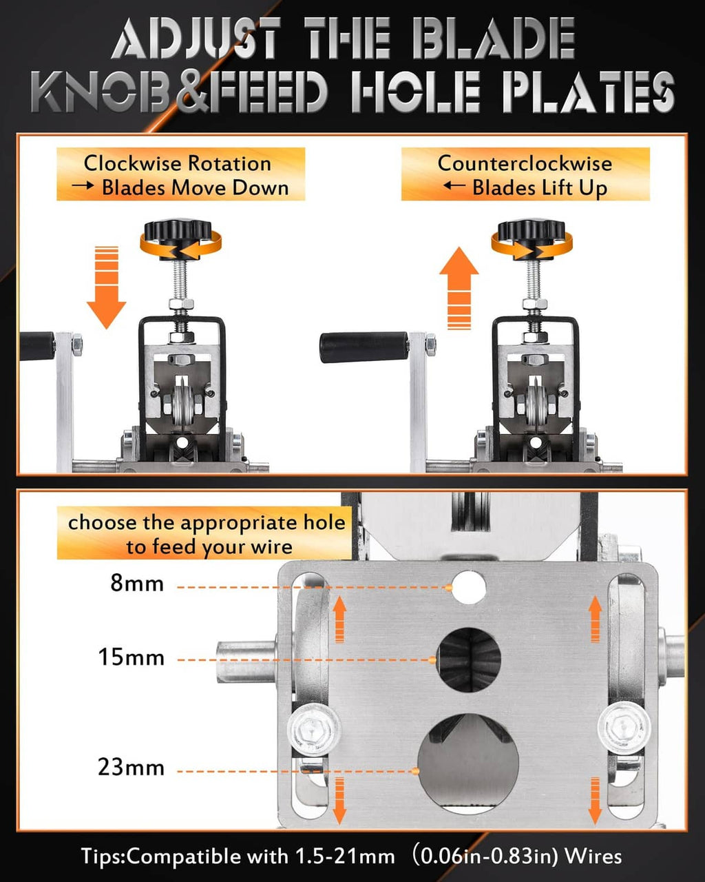 Wire stripper blade adjustment and feed-hole guide with 8 mm, 15 mm, 23 mm options