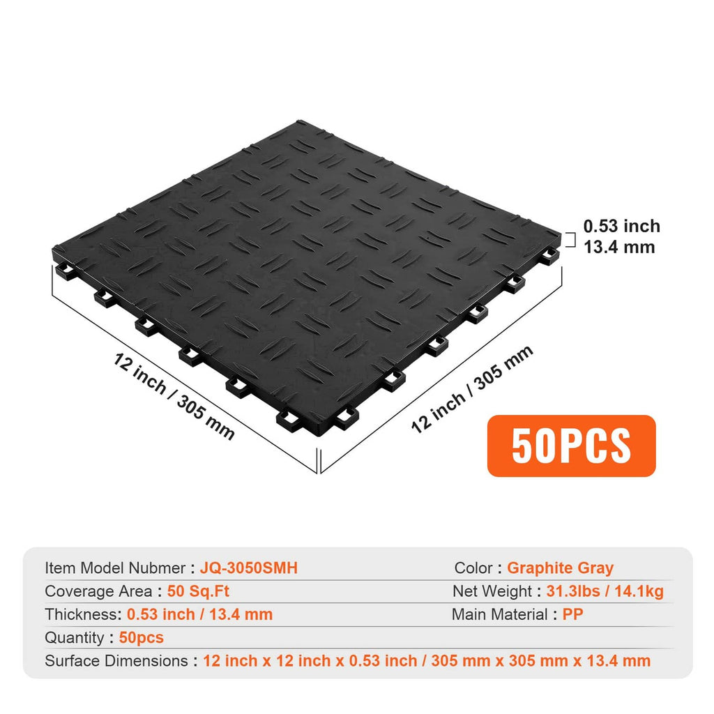 Black 12x12 interlocking garage floor tiles set, showing thickness and edge interlocks