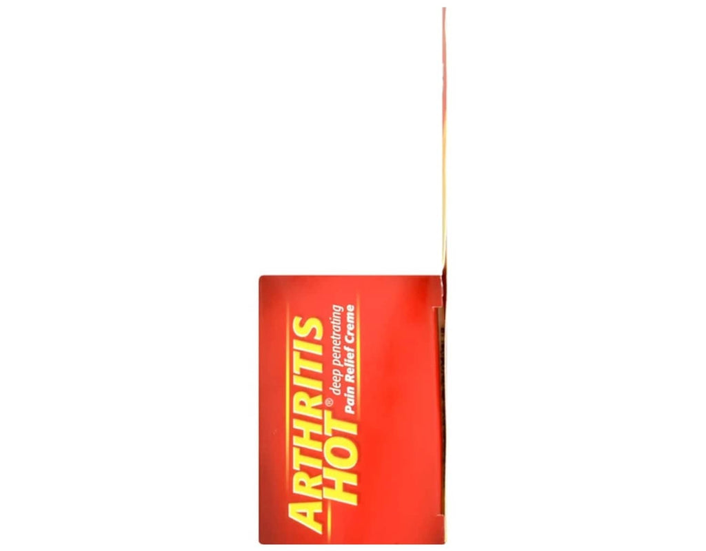 Pain relief creme box corner and side panel with vertical “Arthritis Hot” text