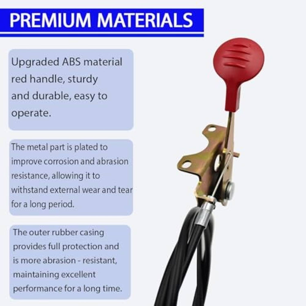 Throttle control cable assembly with red handle knob and black cable with gold bracket
