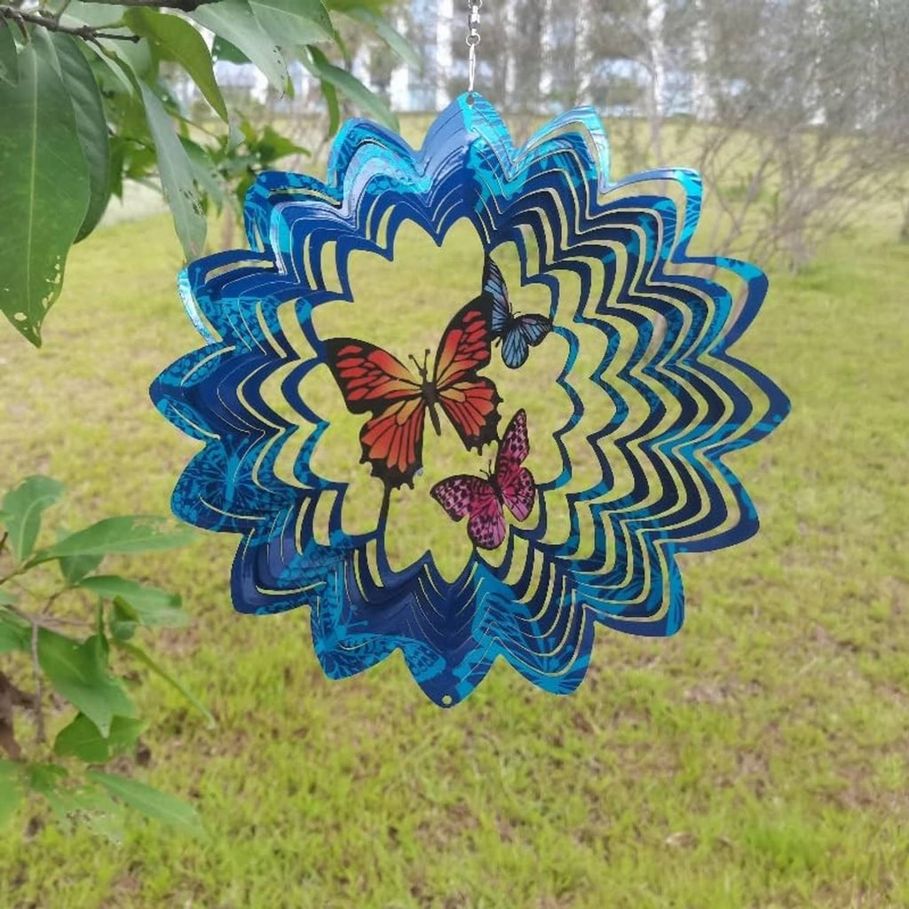 Blue hanging wind spinner featuring red and purple butterfly cutouts on metal flower