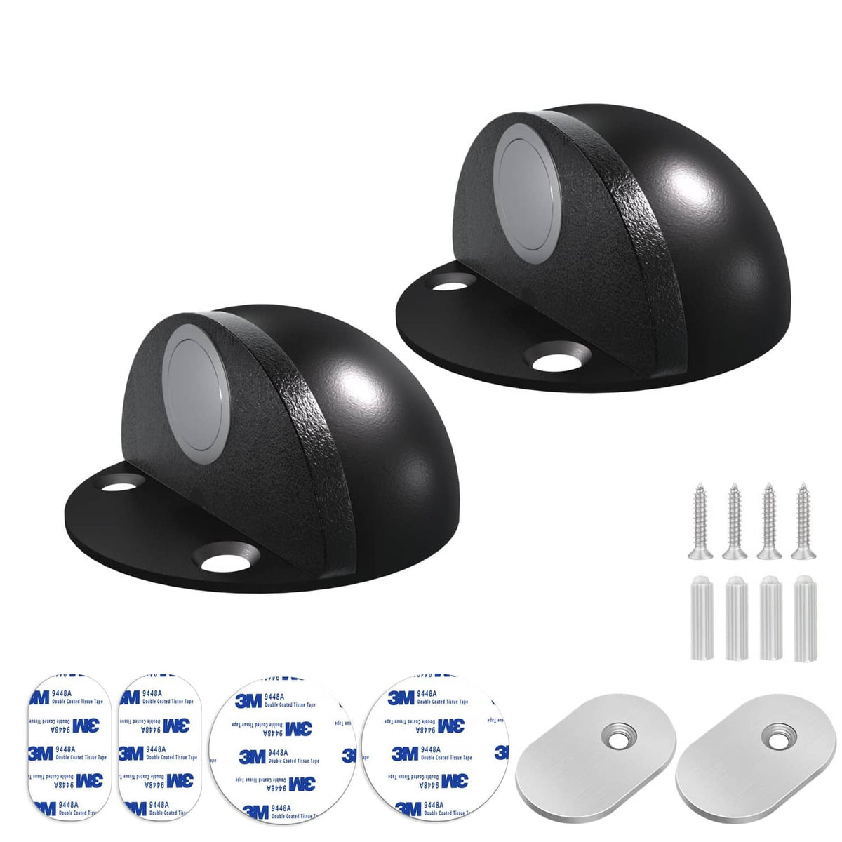 Set of two black magnetic door stoppers with adhesive pads and screws