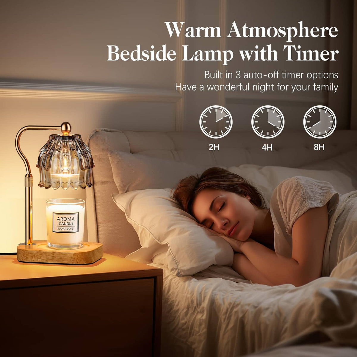 Bedside candle warmer lamp with timer options and warm light over wax melt