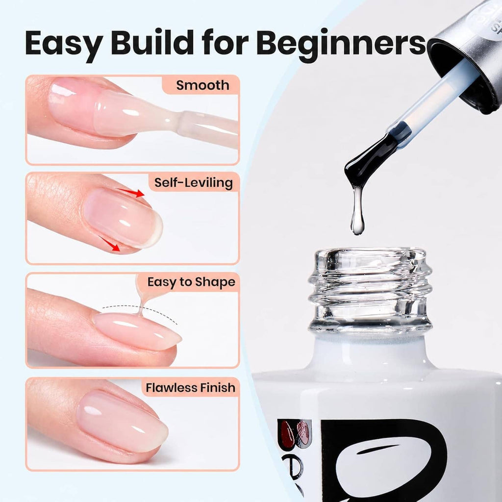 Clear builder gel application on natural nails with smooth, glossy finish icons