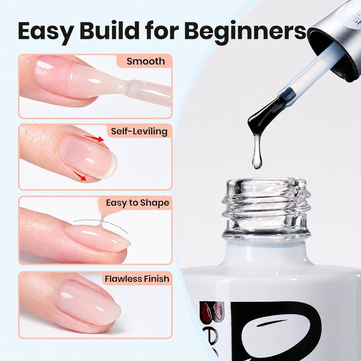 Clear builder gel application on natural nails with smooth, glossy finish icons