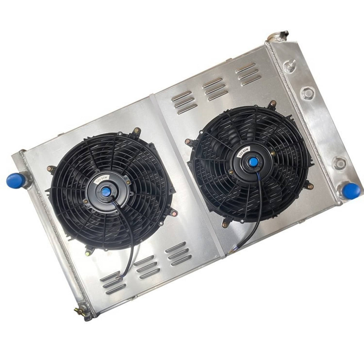 Dual radiator fan shroud with two black fans and blue corner mounting posts