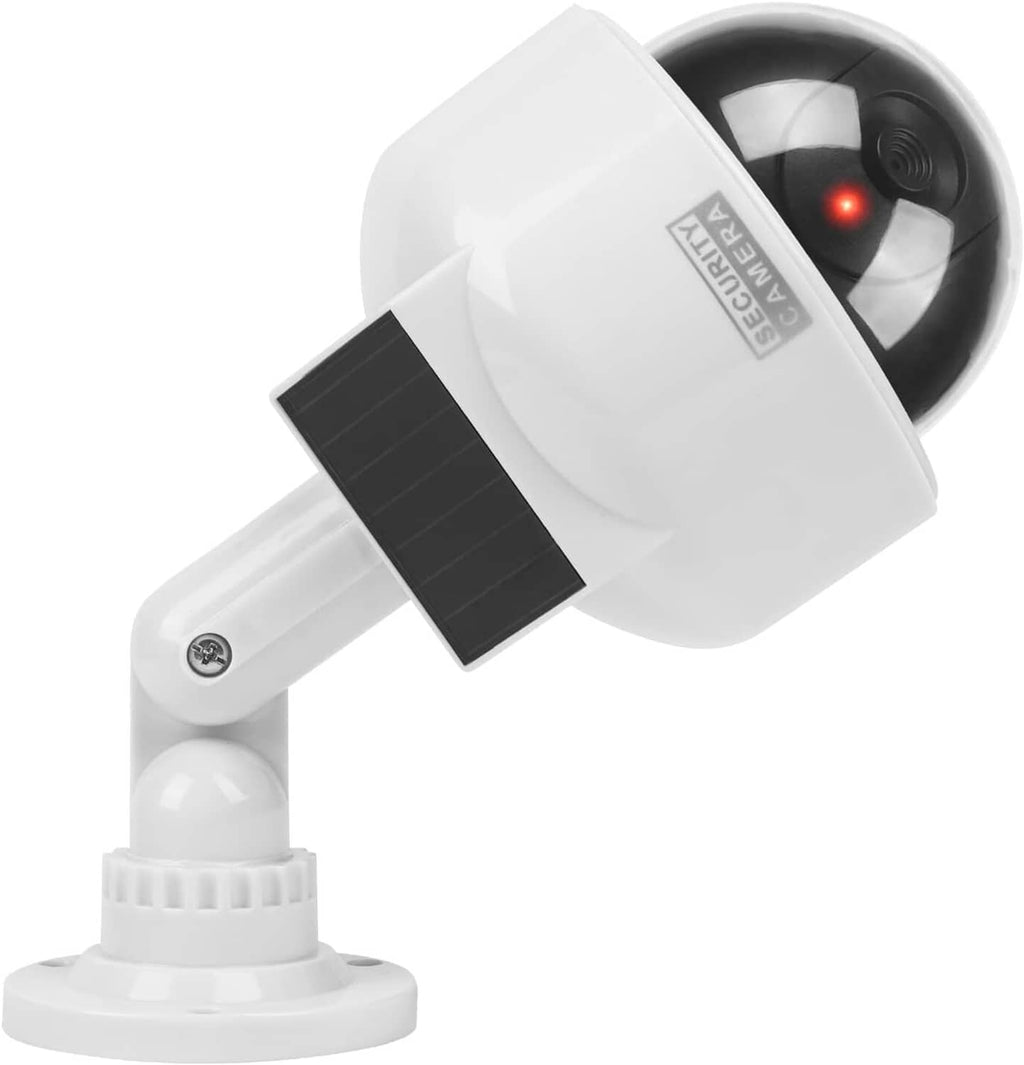 White fake security camera with angled solar panel and black dome lens, red LED glow