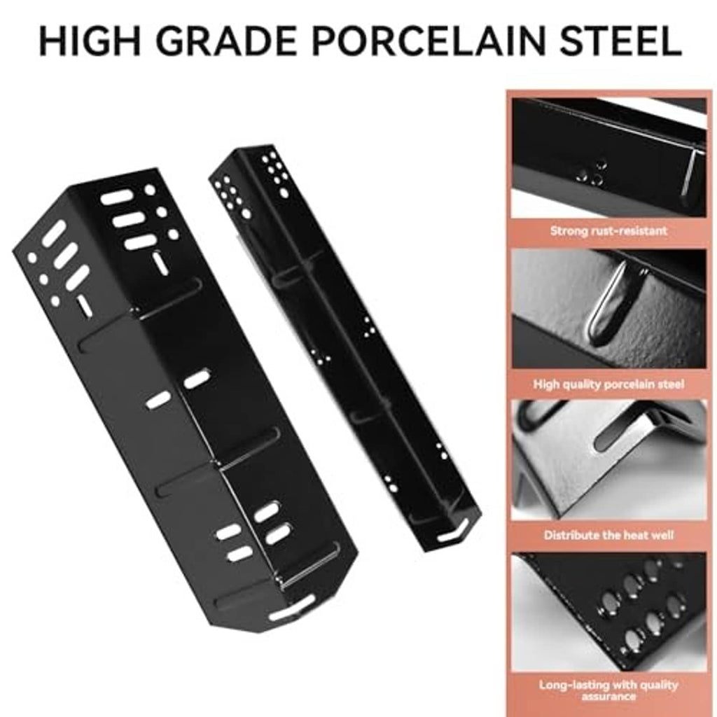 Black porcelain steel grill heat plates, vented slots and burner-hole patterns