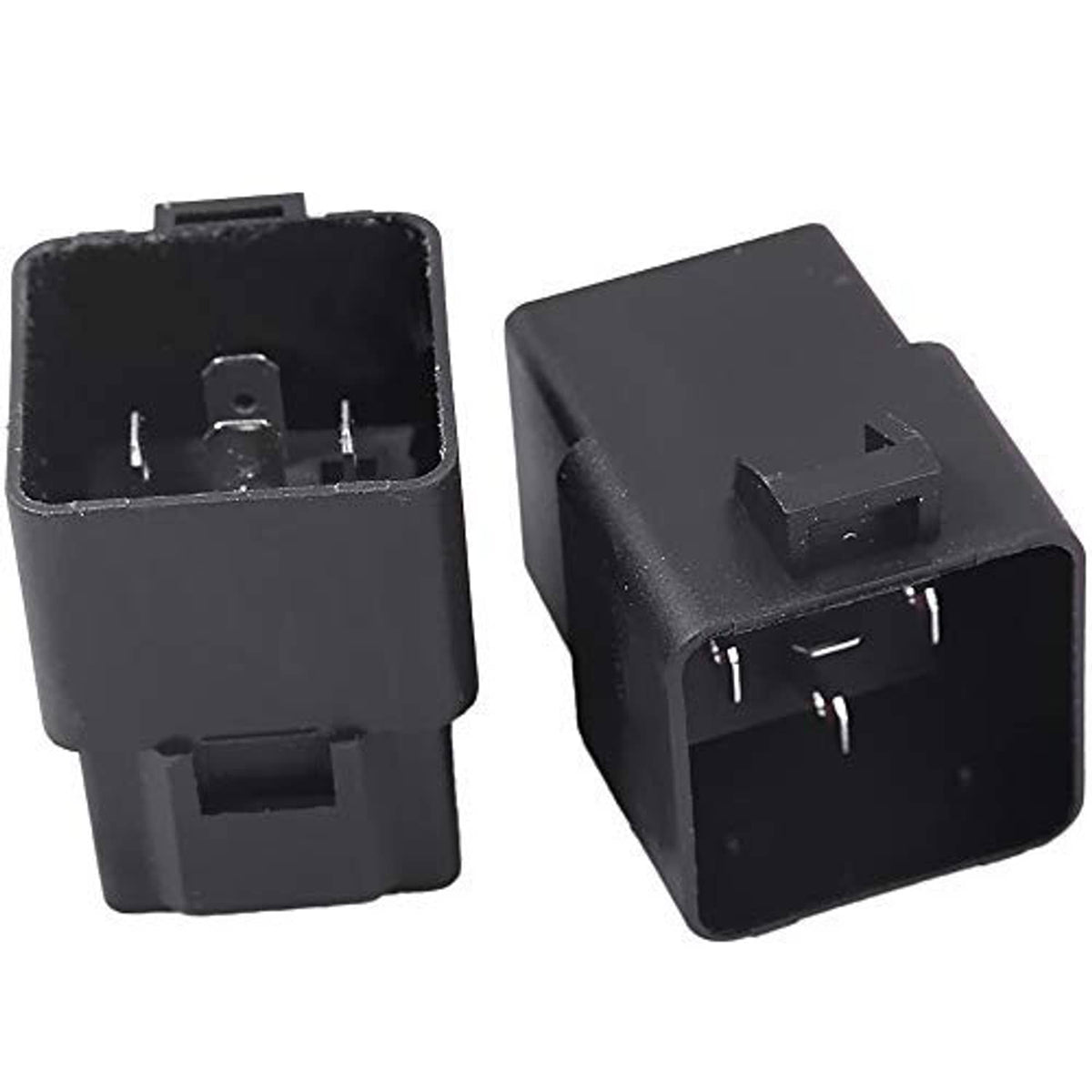 Compact black electrical relay module with two mounting tabs and connector terminals