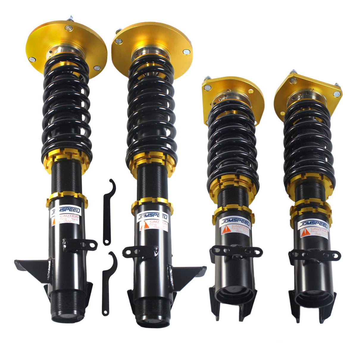 Gold and black coilover shock absorber set with black springs and mounting hardware