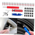 Tire valve stem repair tool kit with red handle, blue installer, metal remover, valve caps