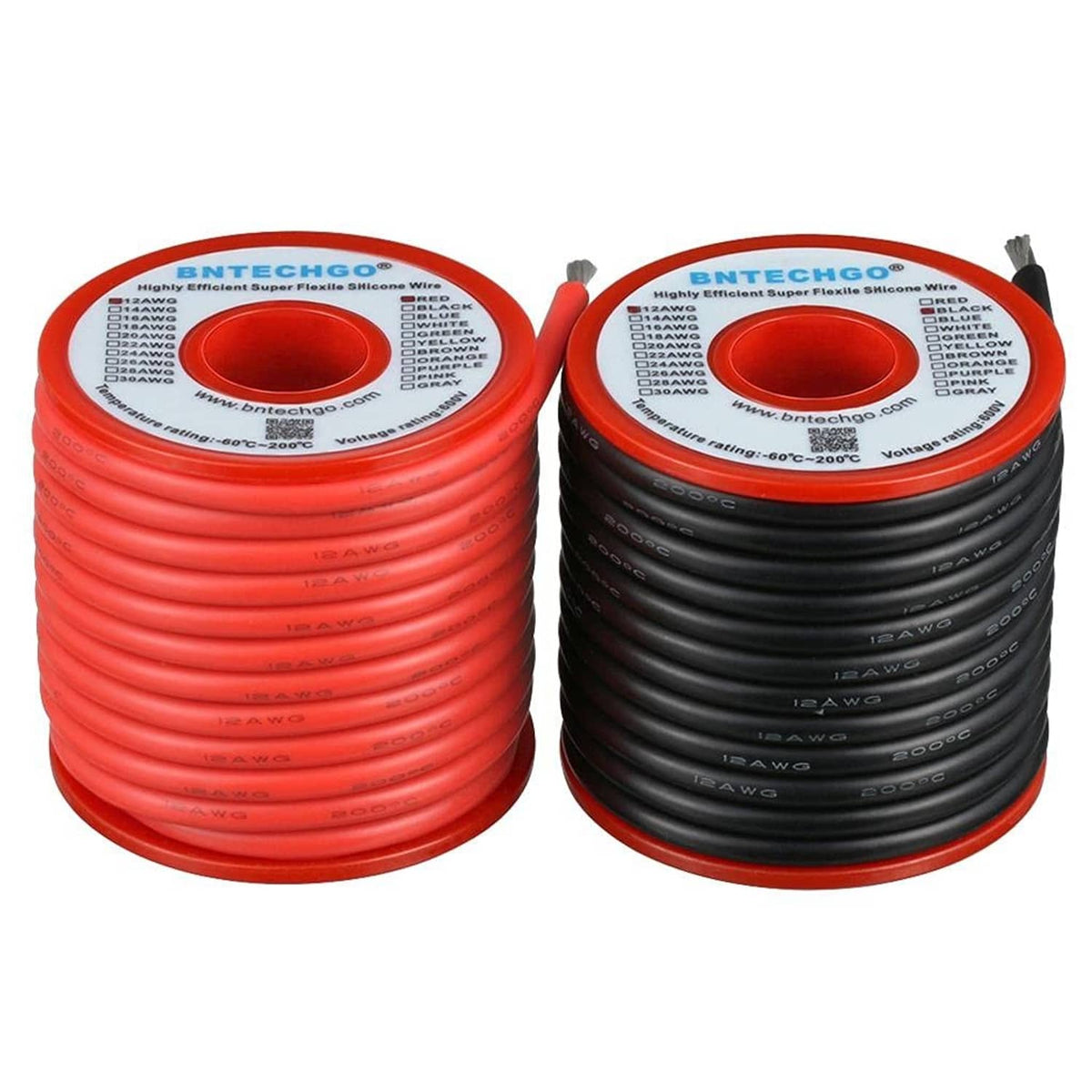 12 gauge silicone wire spool set with red and black wire, 25 ft each