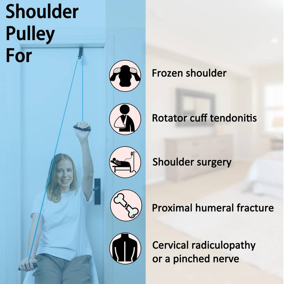 Blue shoulder pulley system kit with black pulley parts and hanging blue rope