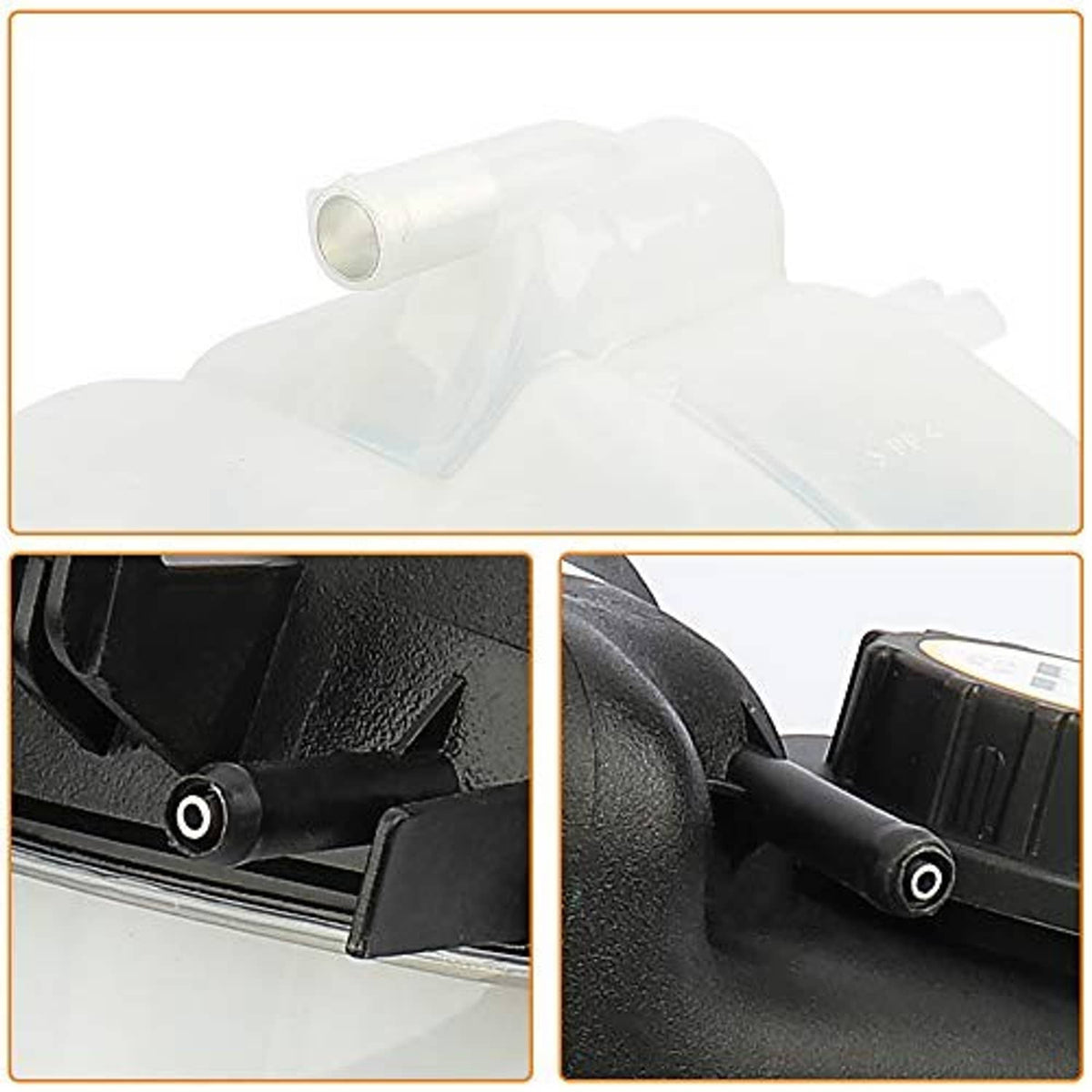 Clear coolant overflow reservoir tank with mounting clips and threaded opening (detail)