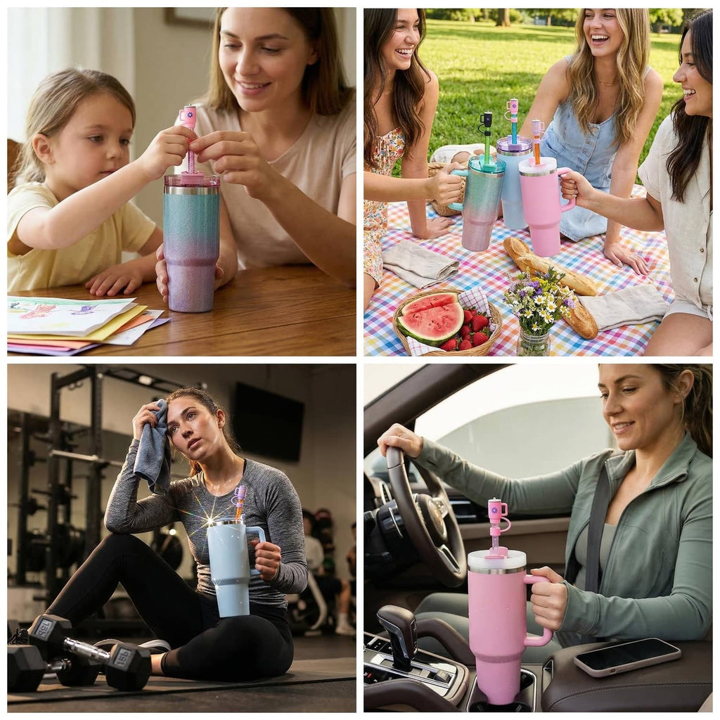 Glitter replacement straws with flower covers for drinks, assorted colors