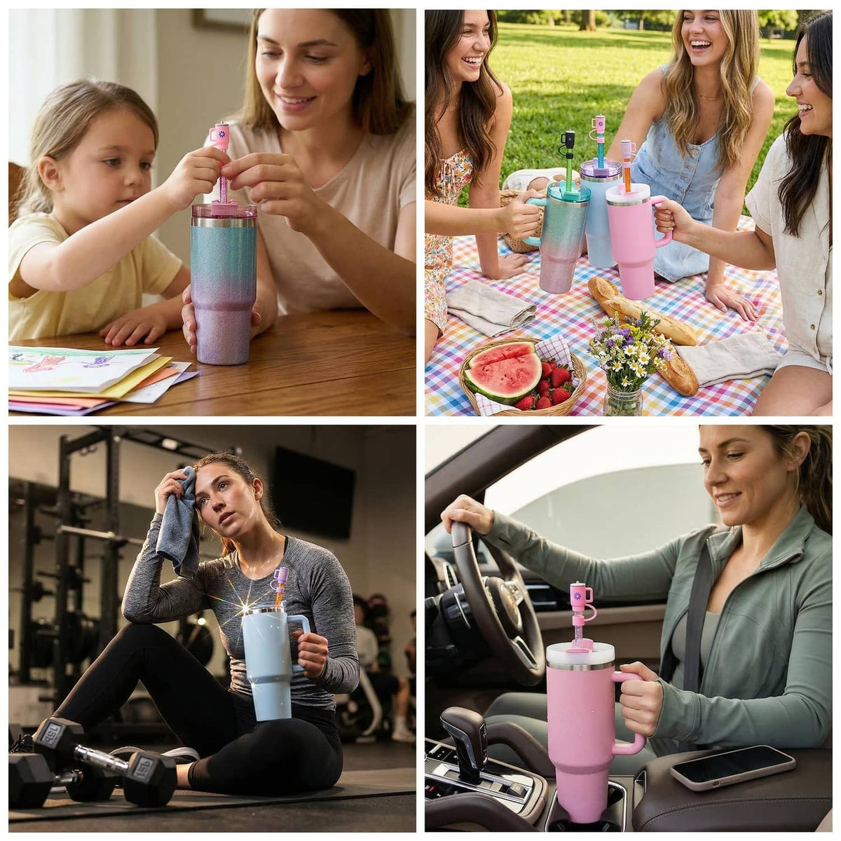 Glitter replacement straws with flower covers for drinks, assorted colors