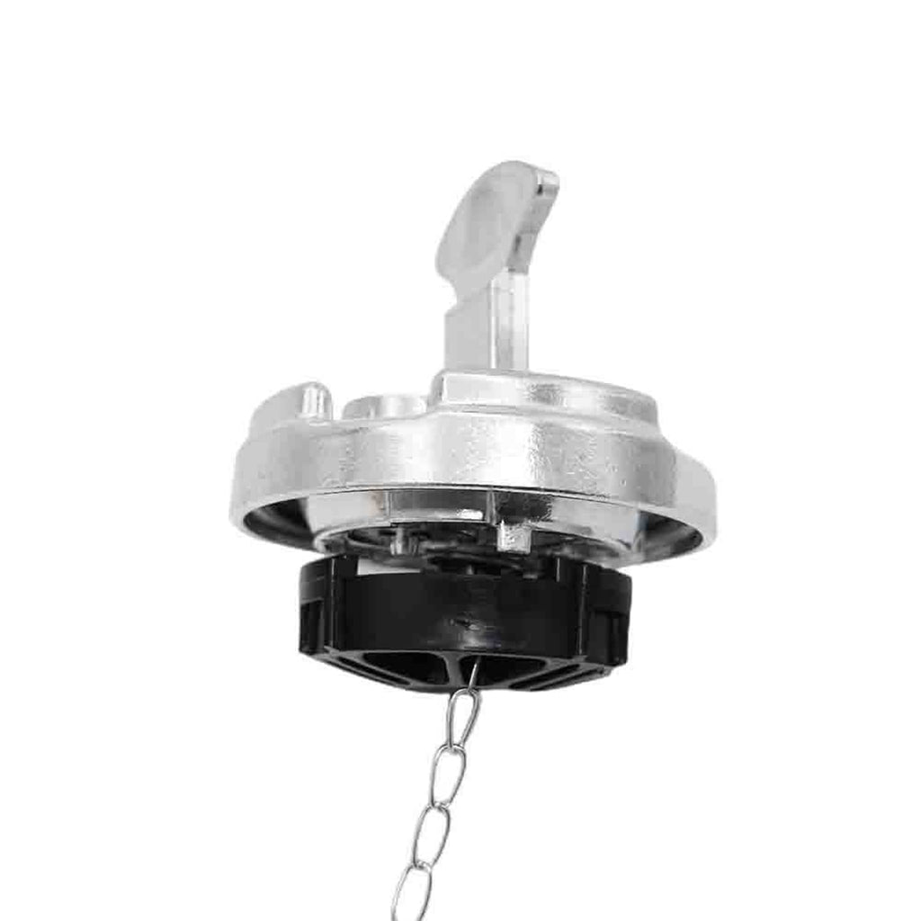 Diesel fuel cap with locking latch and metal chain, chrome aluminum housing
