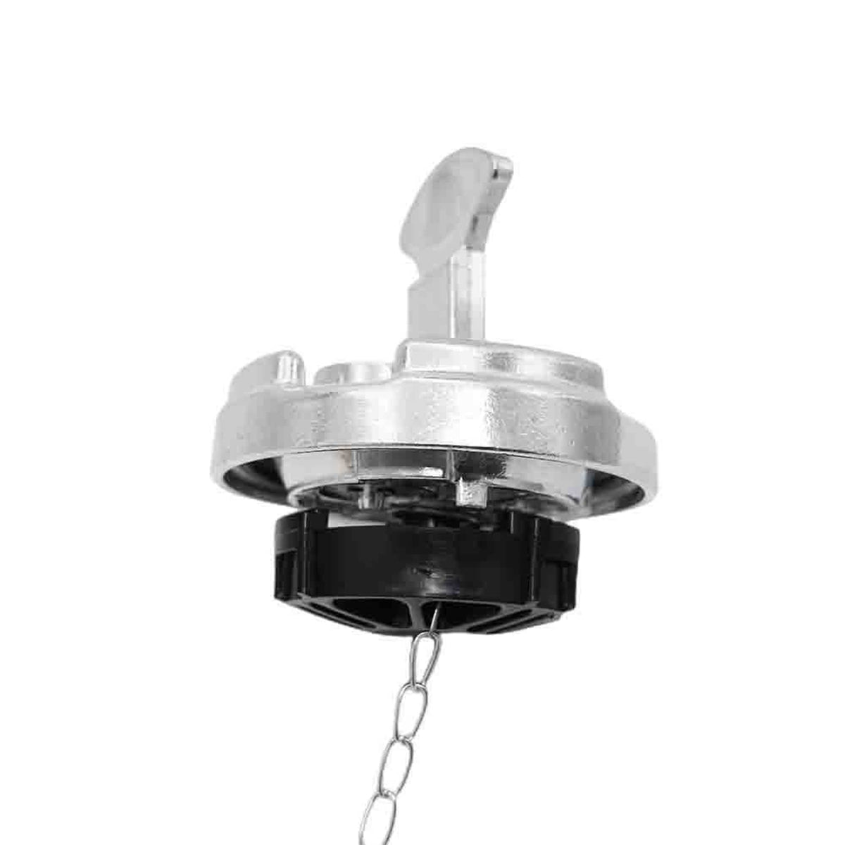 Diesel fuel cap with locking latch and metal chain, chrome aluminum housing