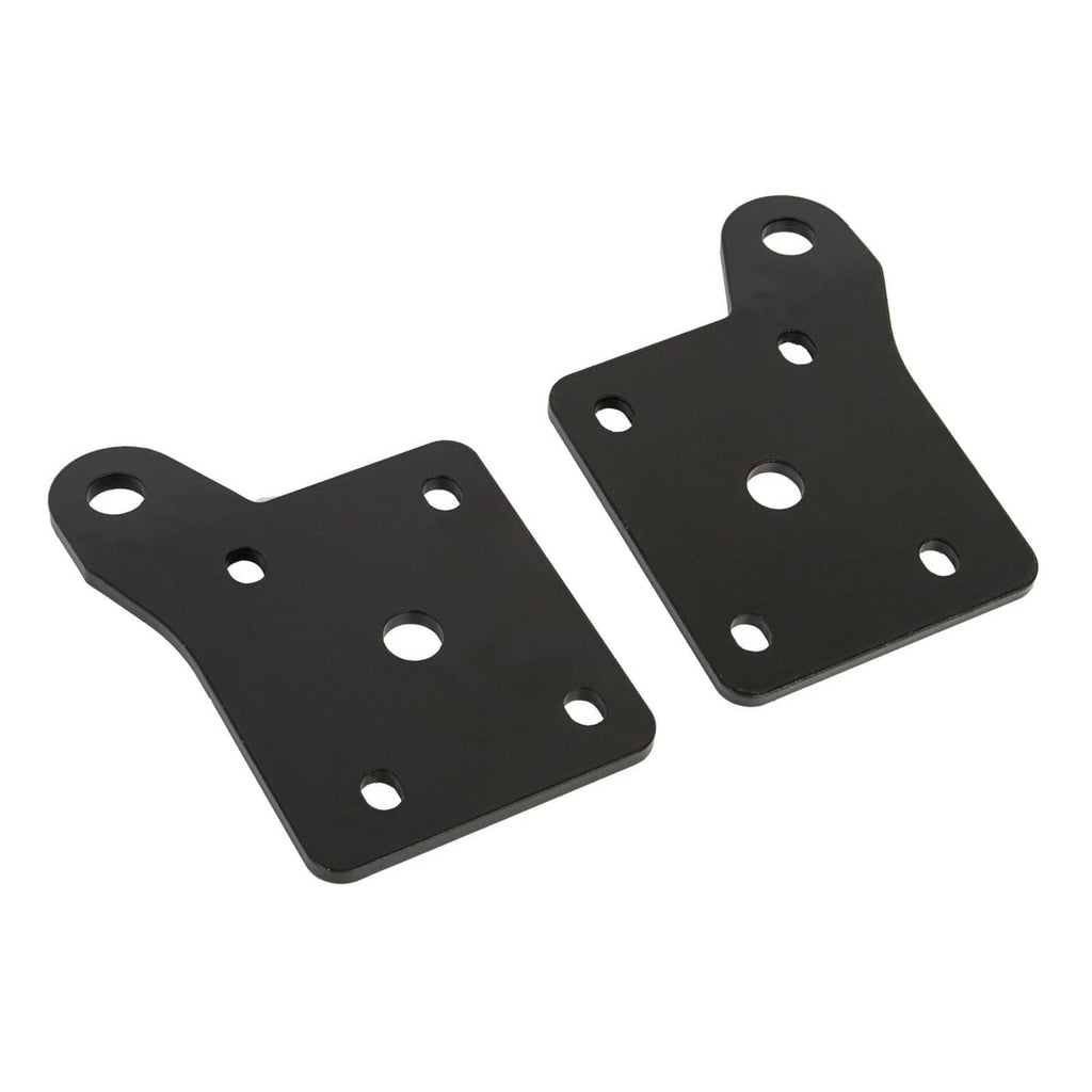 Pair of black metal mounting brackets with curved corners and drilled holes