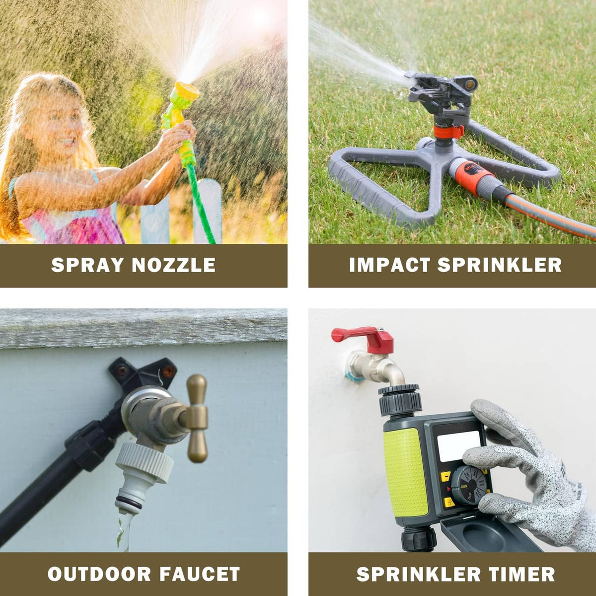 Garden hose repair kit accessories: spray nozzle, impact sprinkler, outdoor faucet adapter, timer