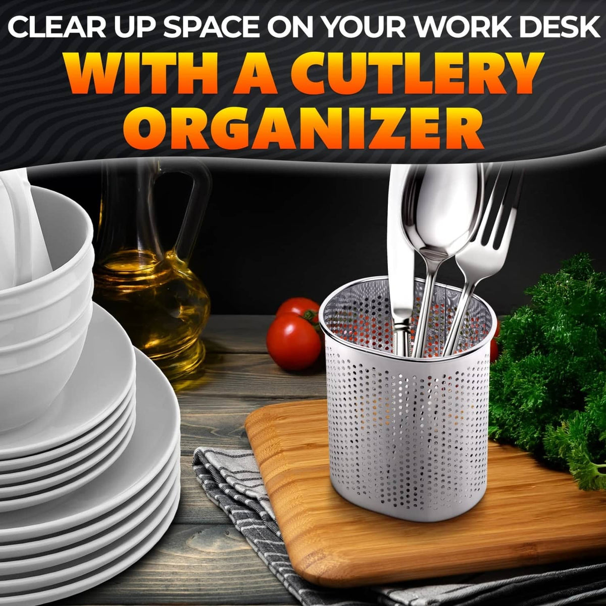 Stainless steel chopstick holder basket with utensils, perforated pattern, silver