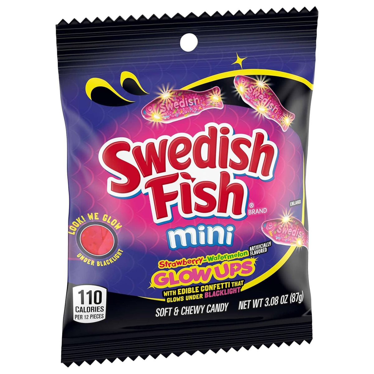 Swedish Fish mini glowups gummy candy pouch, 110 calories per 3 pieces label