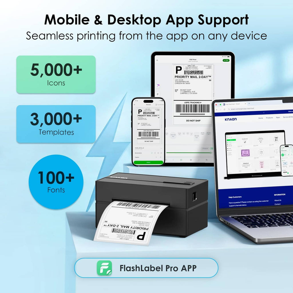 Thermal label printer with app screens on phone and multiple printed label examples