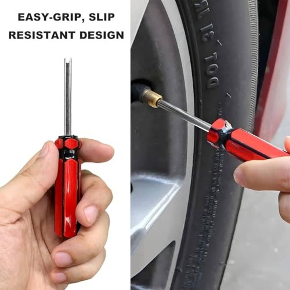 Red ergonomic valve stem removal tool with long metal shaft and easy-grip handle