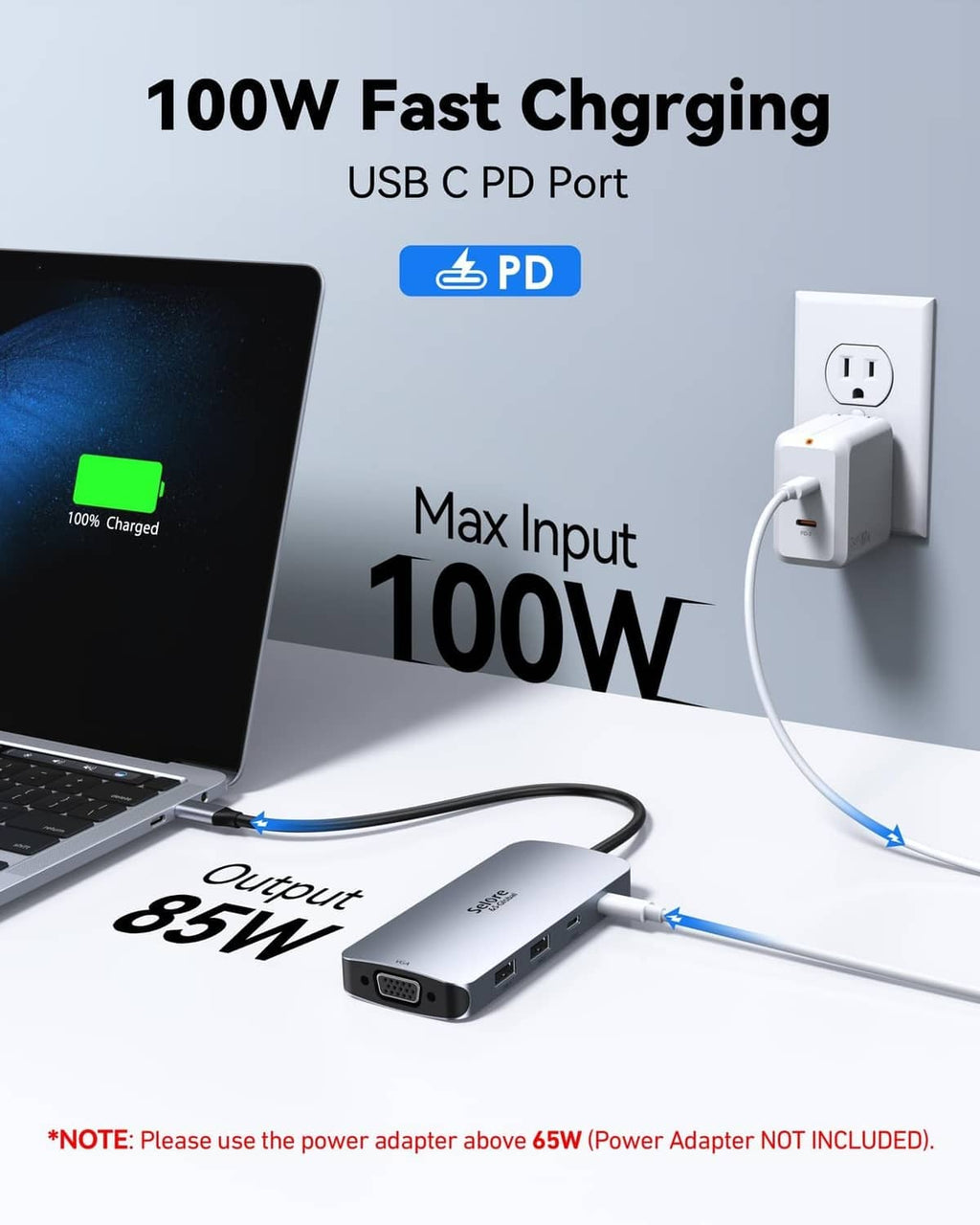 Light gray docking station with 100W USB-C PD fast charging and cable connections