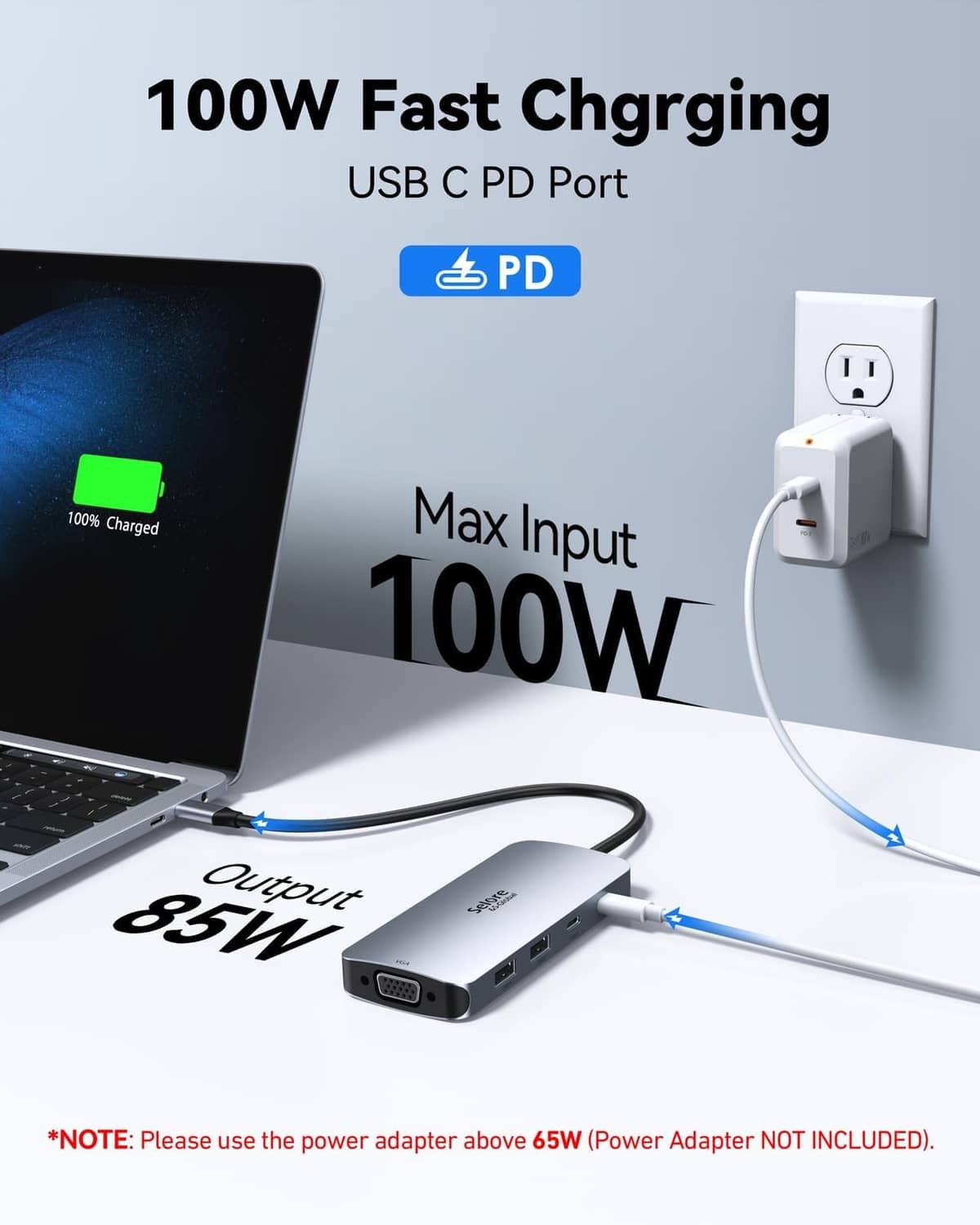 Light gray docking station with 100W USB-C PD fast charging and cable connections