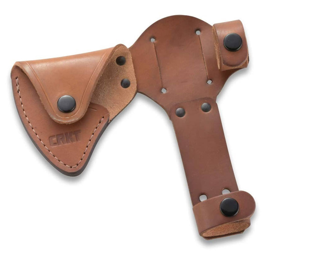Tan/brown leather hatchet sheath with snap buttons and stitched edges, open end