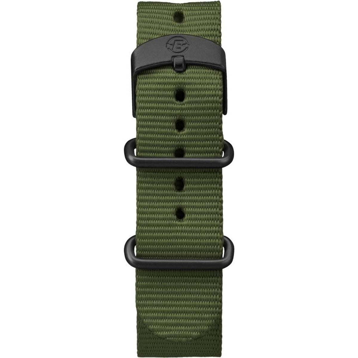 Men's black watch case with green nylon strap and fastening keepers, top view