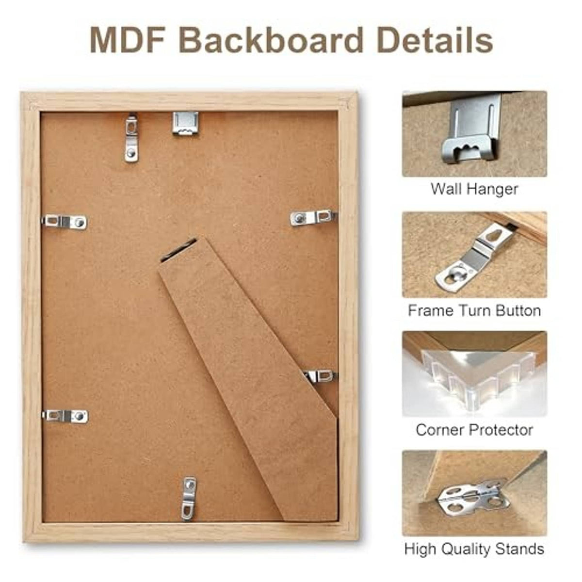 Natural wood veneer picture frame showing MDF backing, corner protectors, and clips