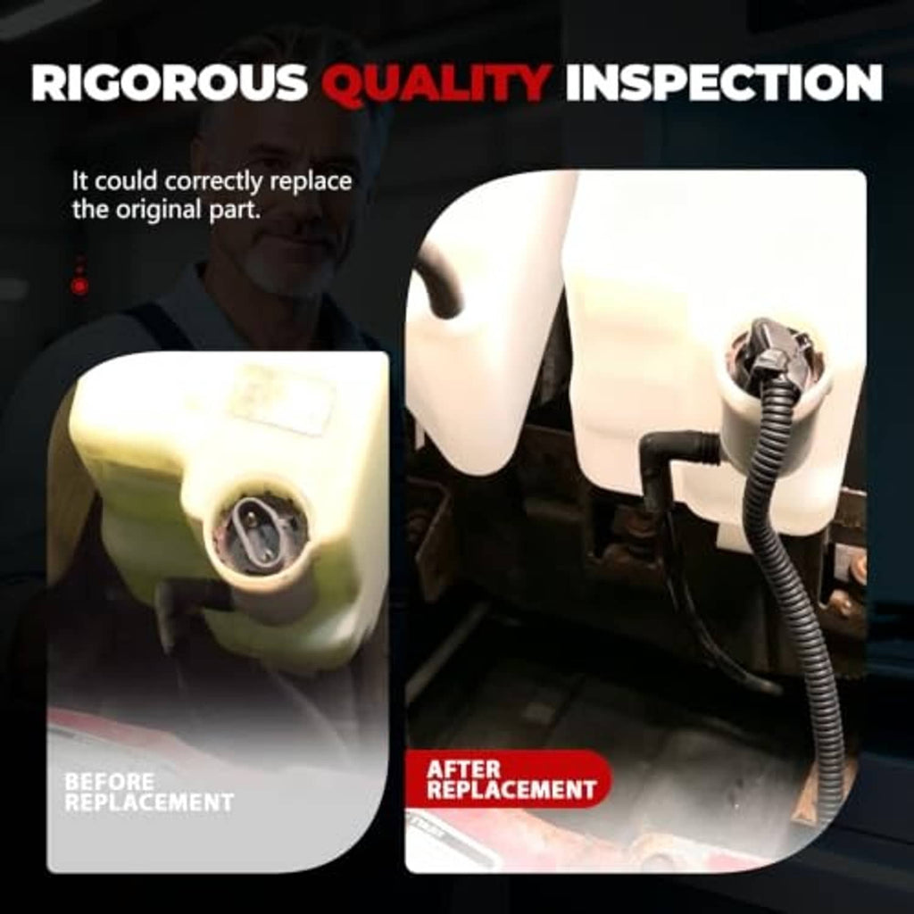 Coolant and washer fluid reservoir tank with caps, shown in quality inspection concept