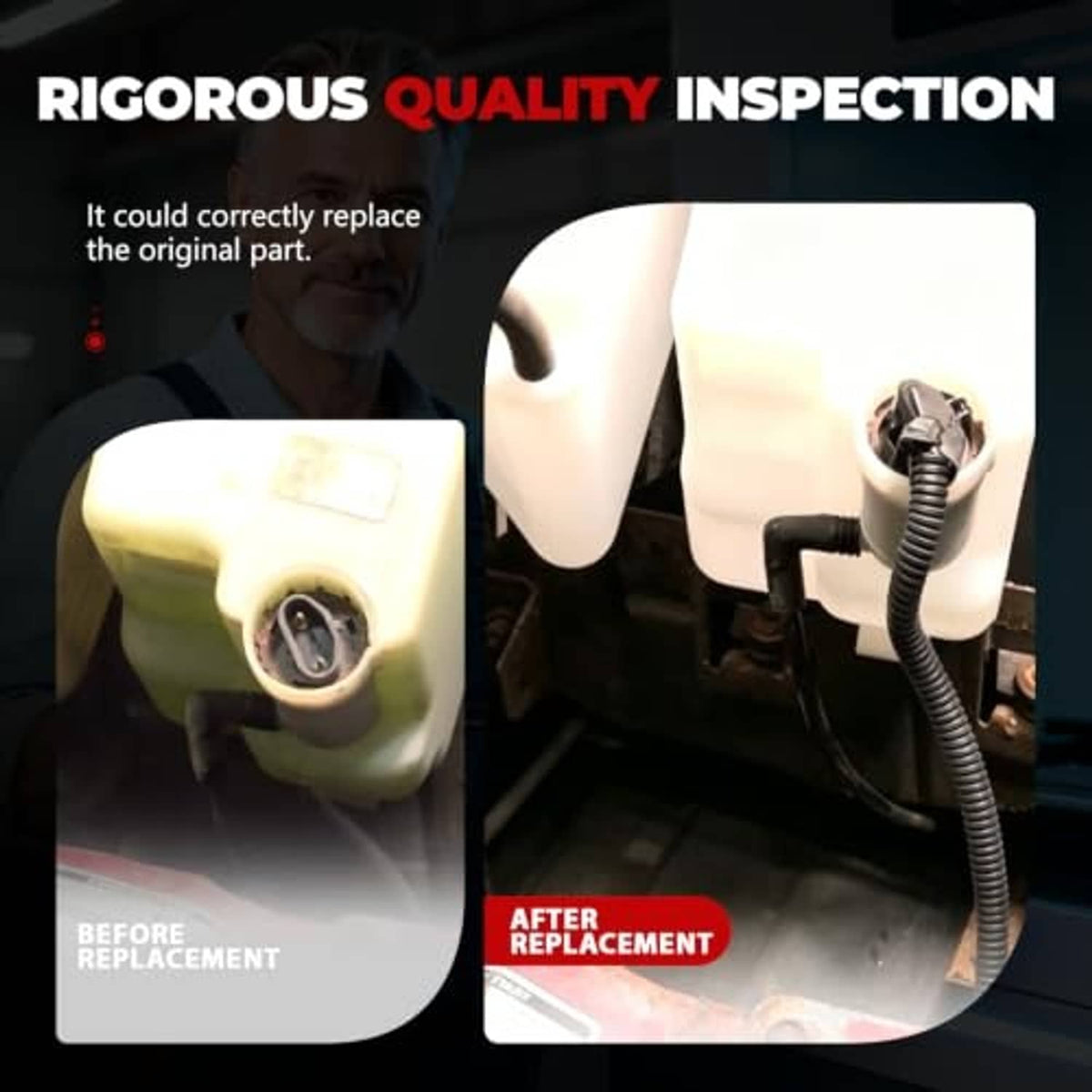 Coolant and washer fluid reservoir tank with caps, shown in quality inspection concept