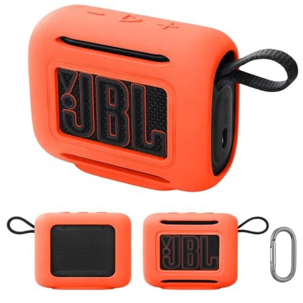 Orange silicone speaker cover with textured side and wrist strap loop