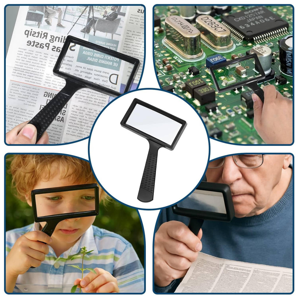Black handheld rectangular magnifier with textured handle for reading