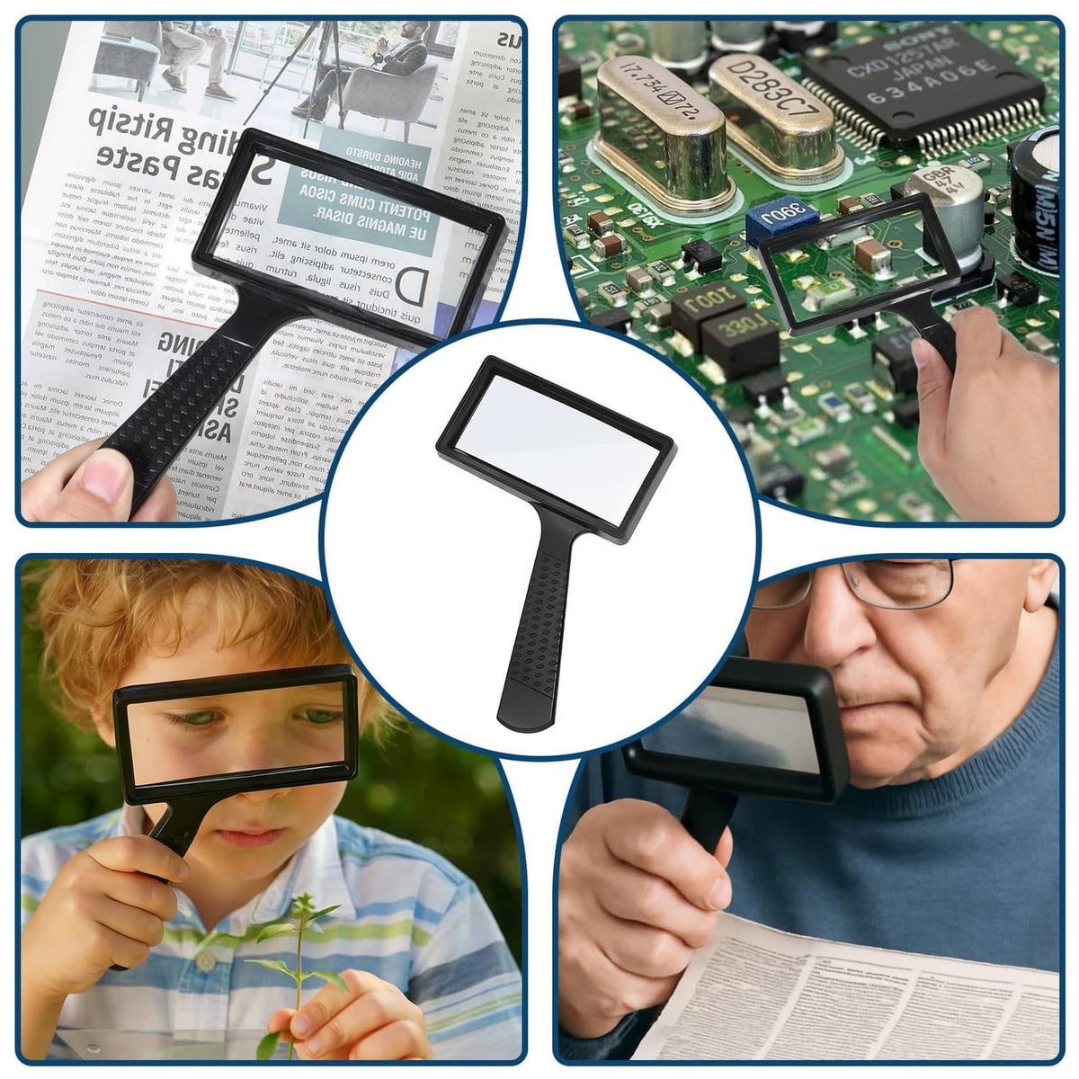 Black handheld rectangular magnifier with textured handle for reading