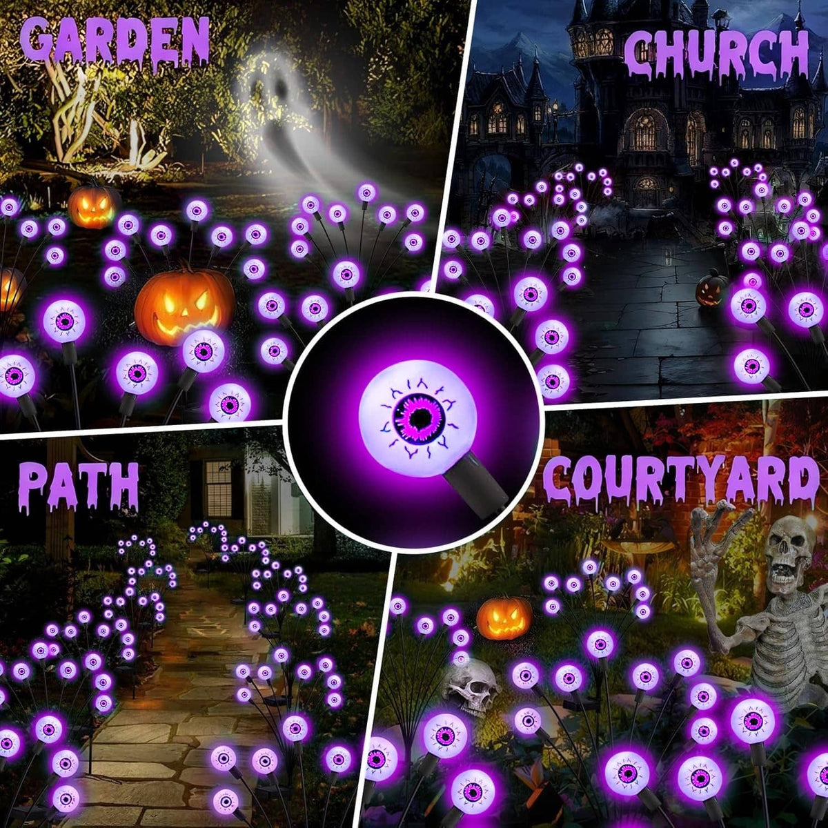 Solar Halloween stake lights with purple LED eye heads across a garden path