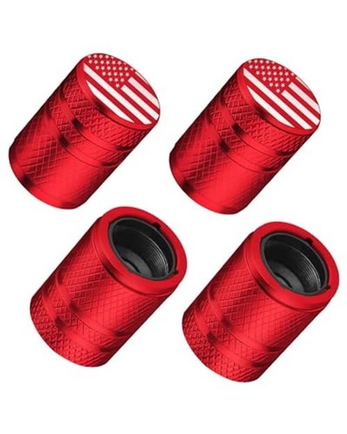 Red aluminum valve stem caps with American flag tops and black rubber-lined opening