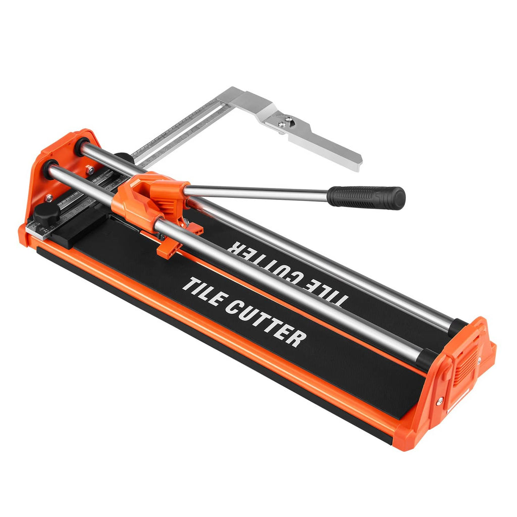 Uimoso manual tile cutter angled view with black rails, orange frame, and handle